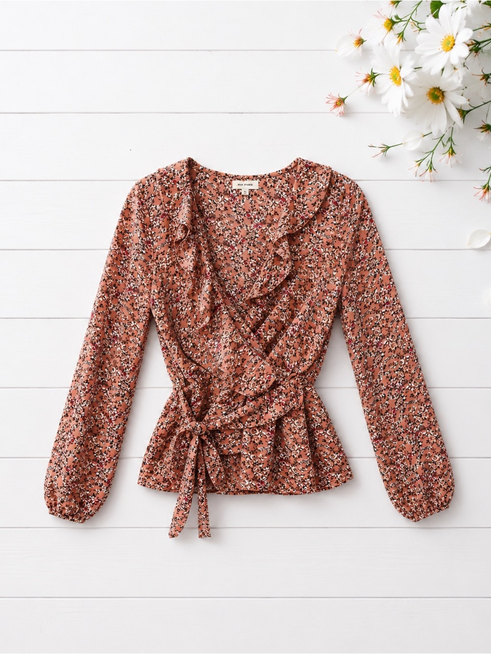 Max Studio Terra Cotta Floral Wrap Top with Ruffles